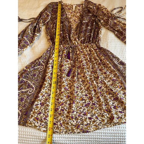 RAGA Bohemian Slit Sleeve Cold Shoulder Gold & Purple Floral Mini Dress Size XS - Picture 5 of 16